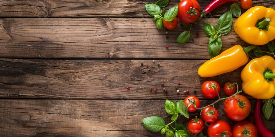 Tomates, pimentões e manjericão em superfície rústica