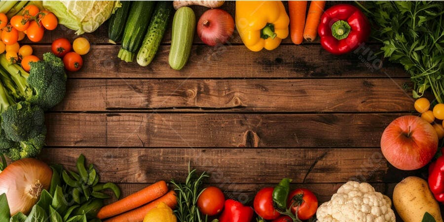 Frutas e legumes frescos sobre madeira