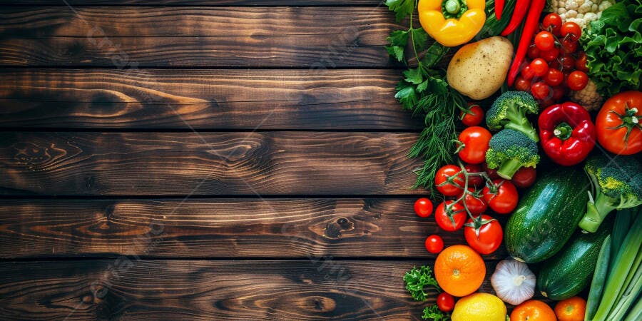 Frutas e Legumes frescos sobre madeira escura