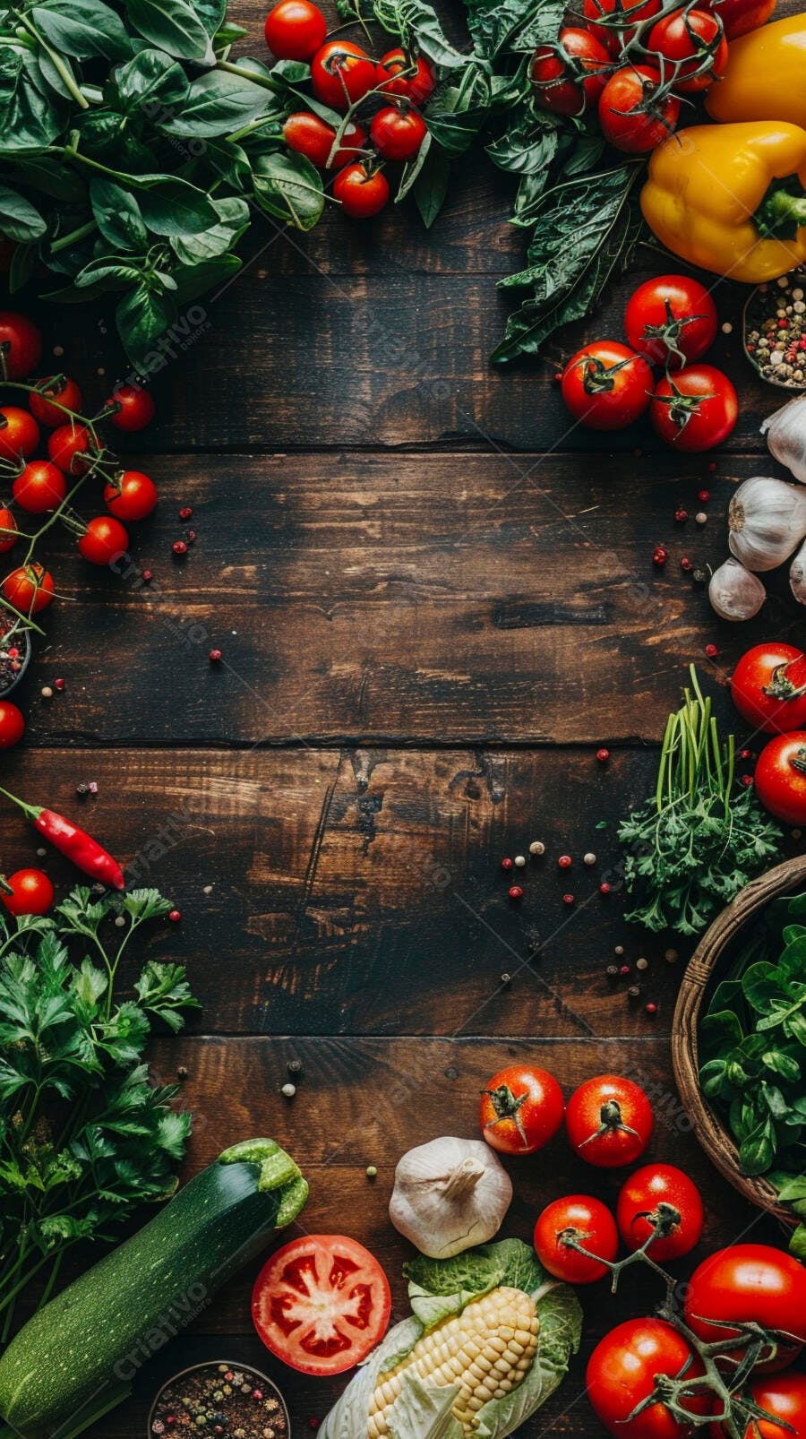 Mesa rústica com legumes frescos e especiarias