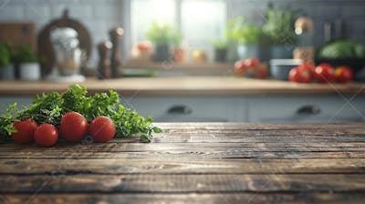 Tomates frescos e ervas sobre mesa rústica em cozinha moderna