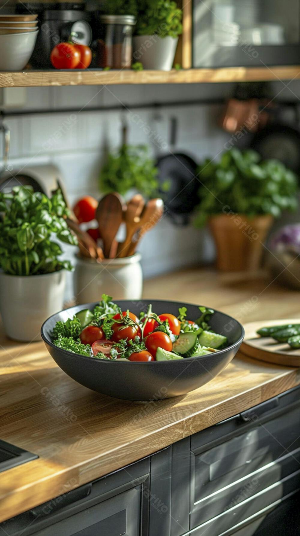 Tomates frescos e ervas sobre mesa rústica em cozinha moderna