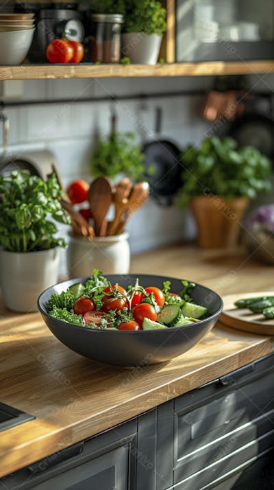 Tomates frescos e ervas sobre mesa rústica em cozinha moderna
