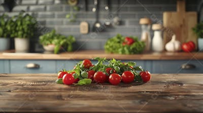 Tomates frescos e ervas sobre mesa rústica em cozinha moderna