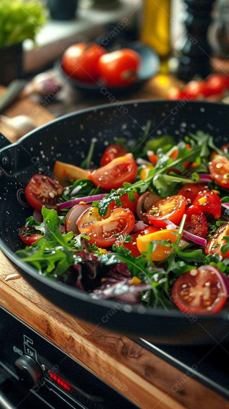 Salada fresca de tomate e rúcula em frigideira