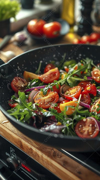 Tomates frescos e ervas sobre mesa rústica em cozinha moderna