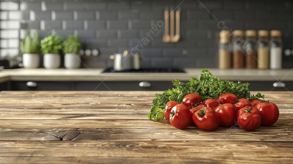 Tomates frescos e ervas sobre mesa rústica em cozinha moderna