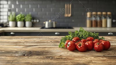 Tomates frescos e ervas sobre mesa rústica em cozinha moderna