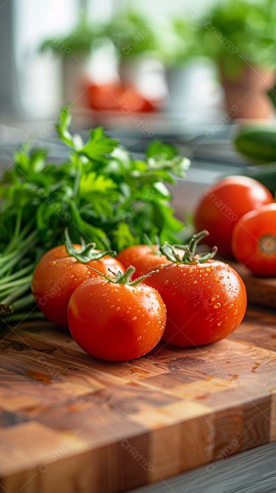 Tomates frescos na tábua de madeira