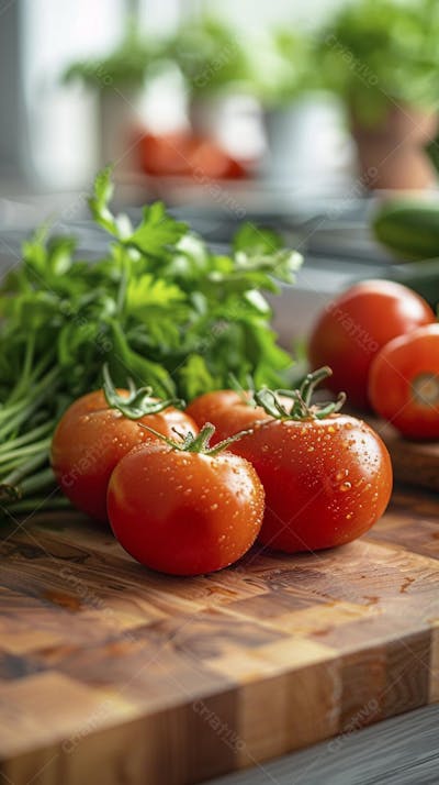 Tomates frescos e ervas sobre mesa rústica em cozinha moderna