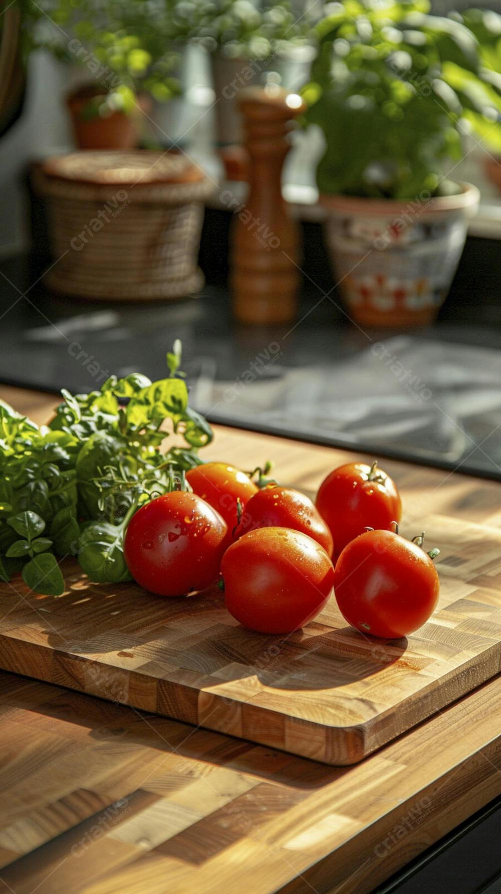 Tomates frescos e ervas sobre mesa rústica em cozinha moderna