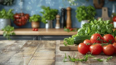 Tomates frescos e ervas sobre mesa rústica em cozinha moderna