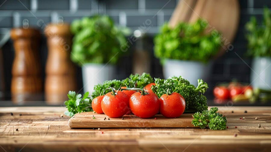 Tomates e salsinha frescos na cozinha