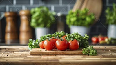 Tomates frescos e ervas sobre mesa rústica em cozinha moderna
