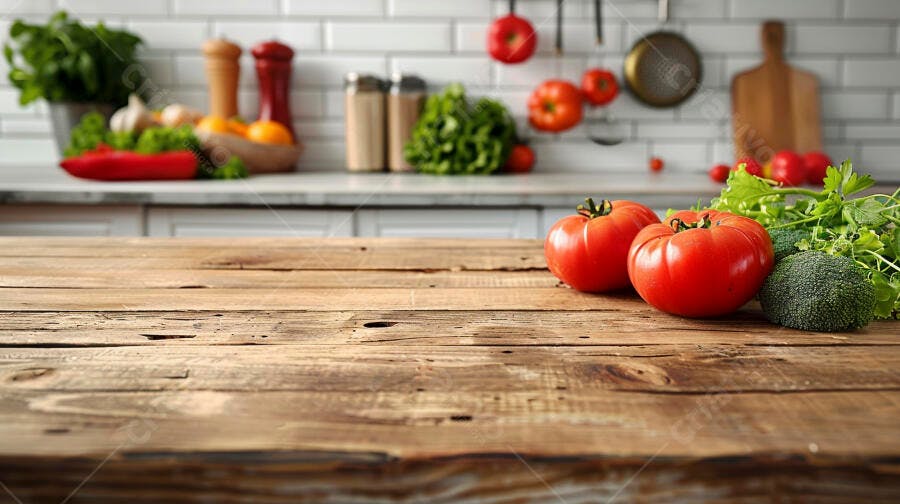 Tomates e brócolis em mesa de madeira rústica
