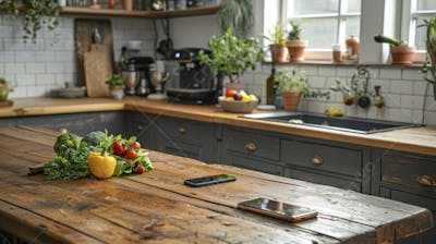 Tomates frescos e ervas sobre mesa rústica em cozinha moderna