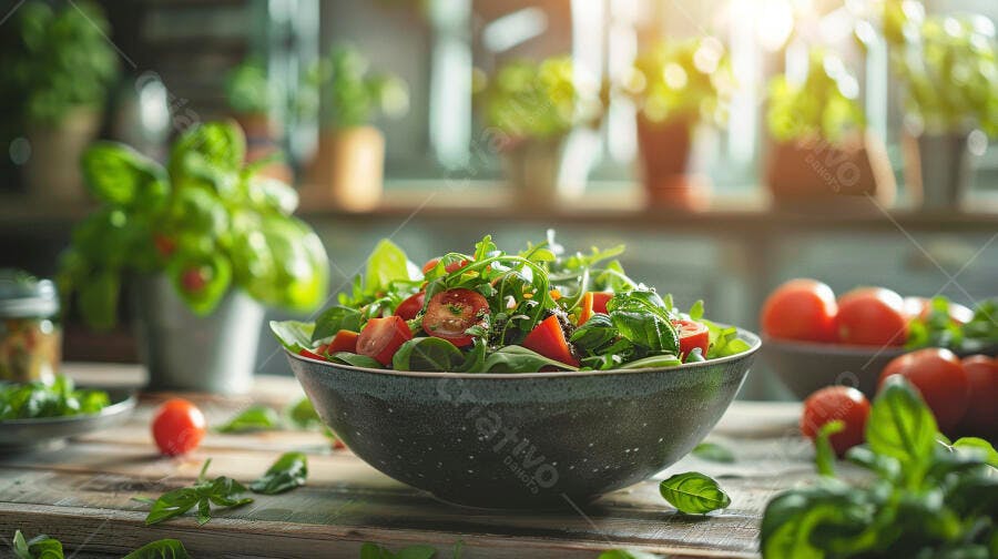 Salada fresca com tomate e manjericão