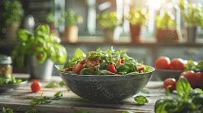 Tomates frescos e ervas sobre mesa rústica em cozinha moderna