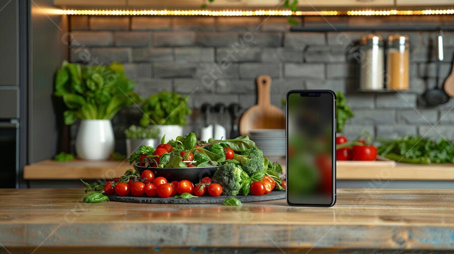 Verduras frescas cozinha moderna smartphone