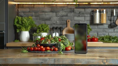 Tomates frescos e ervas sobre mesa rústica em cozinha moderna