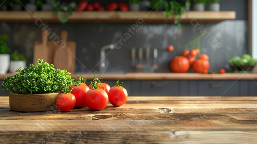 Tomates e ervas frescos em cozinha rústica