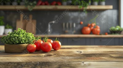 Tomates frescos e ervas sobre mesa rústica em cozinha moderna