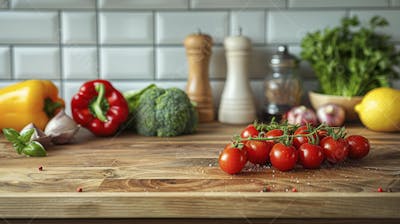 Tomates frescos e ervas sobre mesa rústica em cozinha moderna