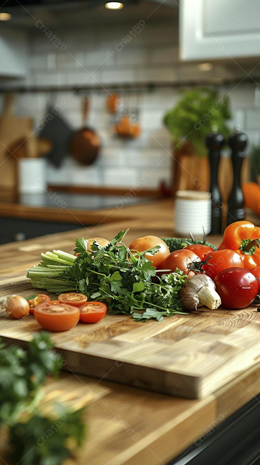 Tomates frescos e ervas sobre mesa rústica em cozinha moderna