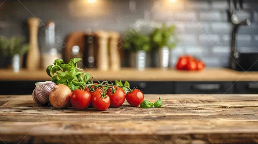 Tomates frescos cebola e alho na cozinha