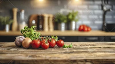 Tomates frescos e ervas sobre mesa rústica em cozinha moderna