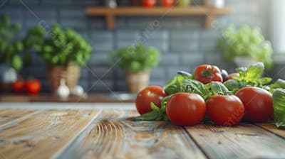 Tomates frescos e ervas sobre mesa rústica em cozinha moderna
