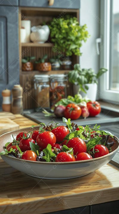 Tomates frescos e ervas sobre mesa rústica em cozinha moderna