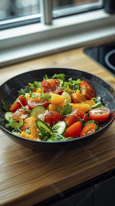 Tomates frescos e ervas sobre mesa rústica em cozinha moderna