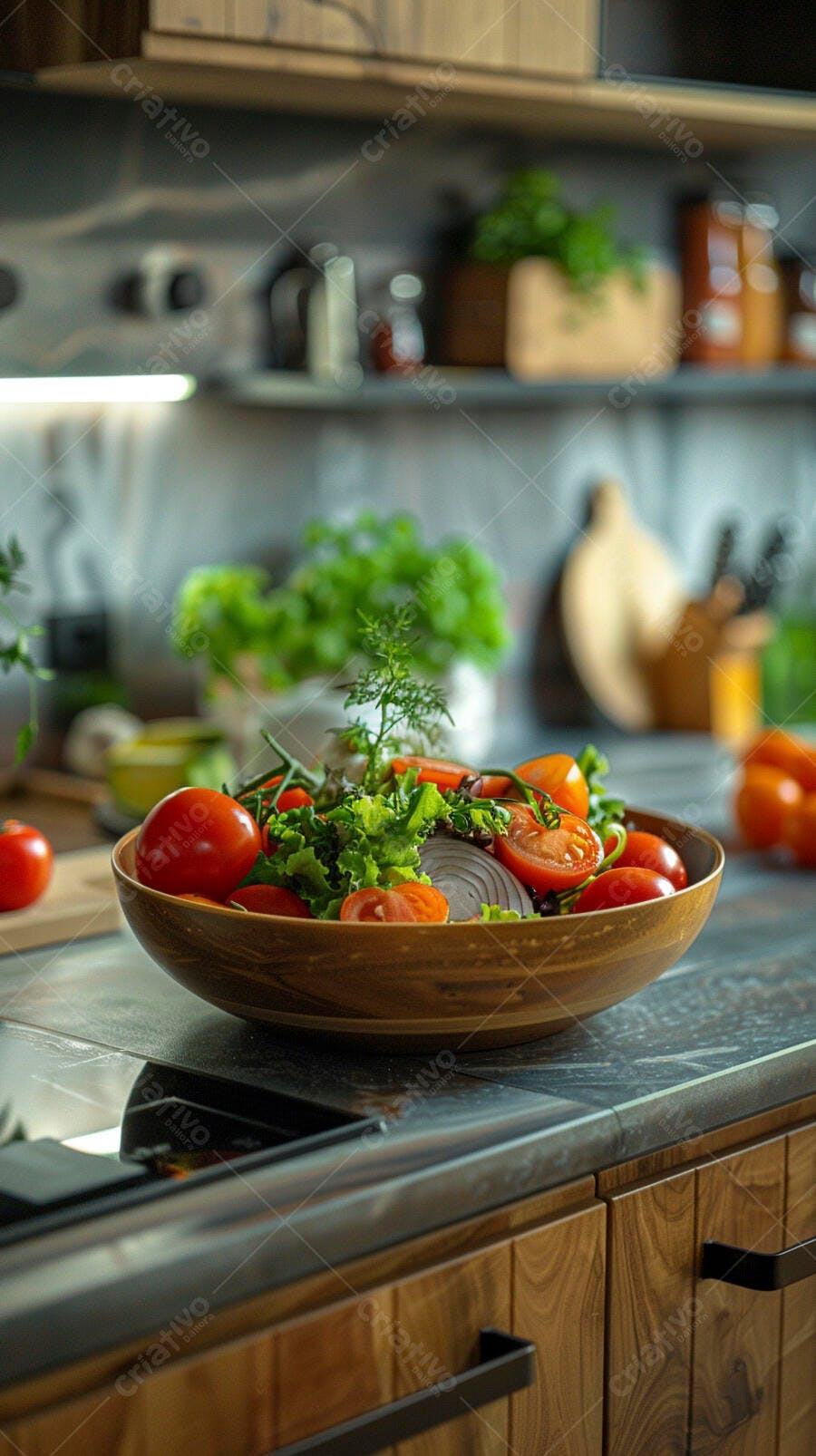 Salada fresca em bowl de madeira na cozinha