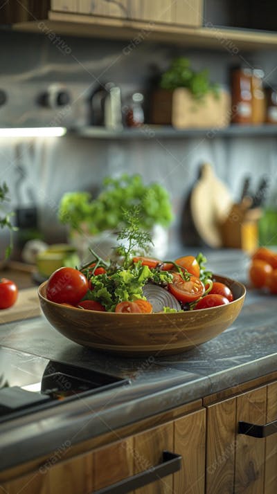 Tomates frescos e ervas sobre mesa rústica em cozinha moderna