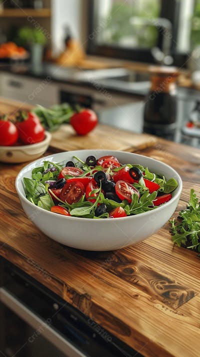 Tomates frescos e ervas sobre mesa rústica em cozinha moderna