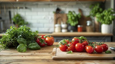 Tomates frescos e ervas sobre mesa rústica em cozinha moderna