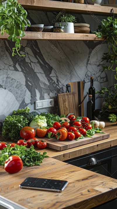 Tomates frescos e ervas sobre mesa rústica em cozinha moderna