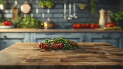 Tomates frescos e ervas sobre mesa rústica em cozinha moderna