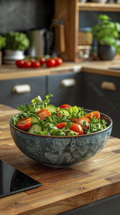 Tomates frescos e ervas sobre mesa rústica em cozinha moderna