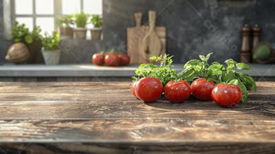 Tomates frescos e ervas sobre mesa rústica em cozinha moderna