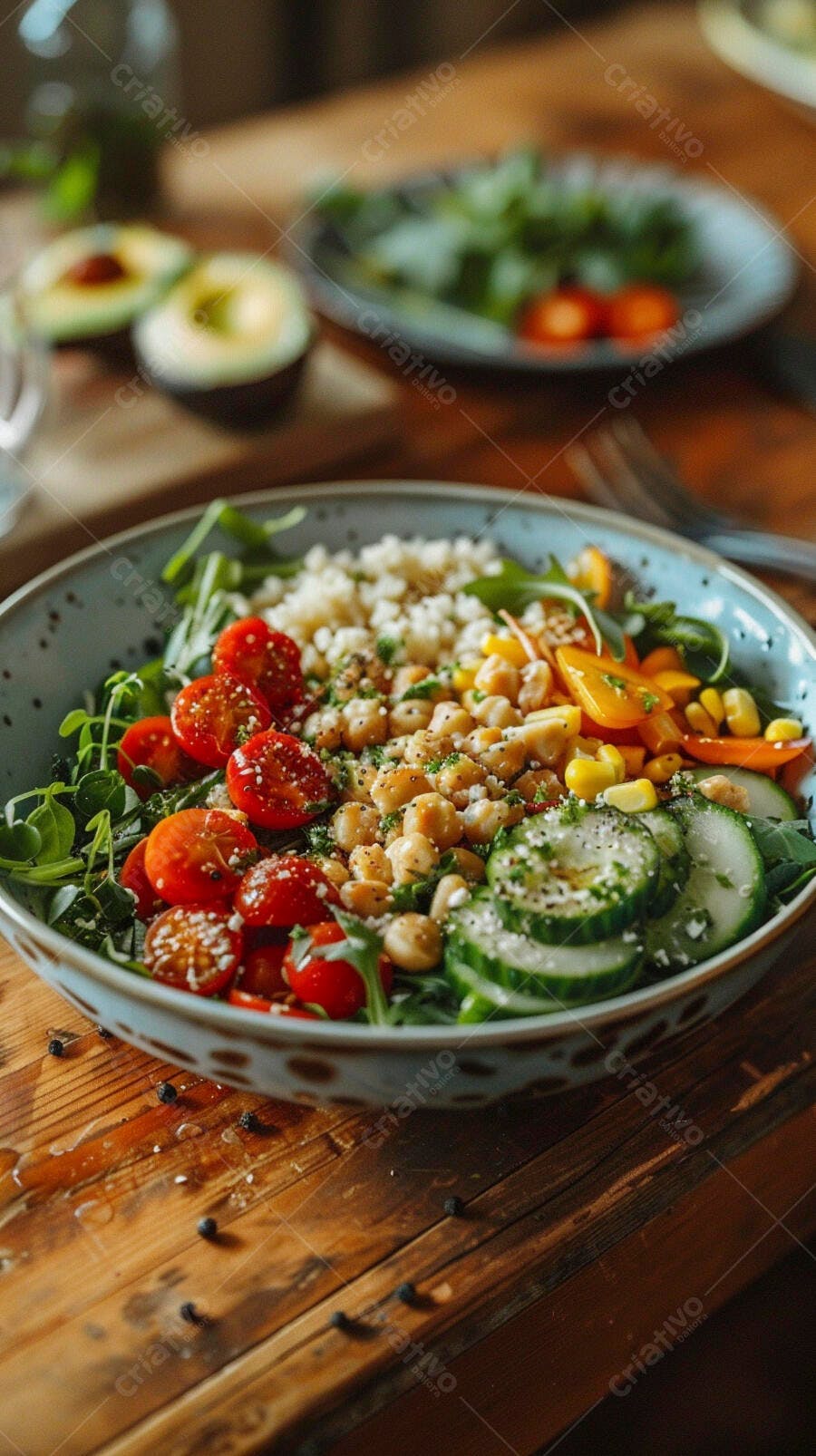 Salada nutritiva com grão de bico tomate e pepino