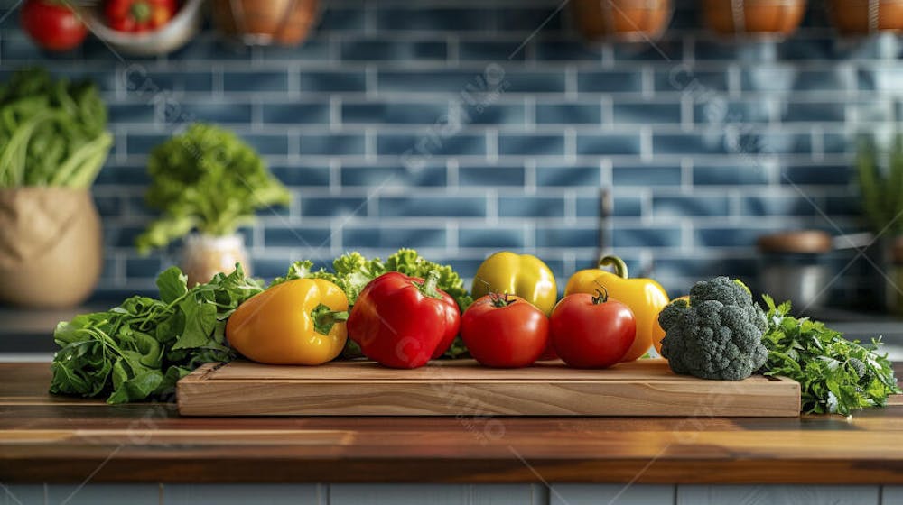 Tomates frescos e ervas sobre mesa rústica em cozinha moderna