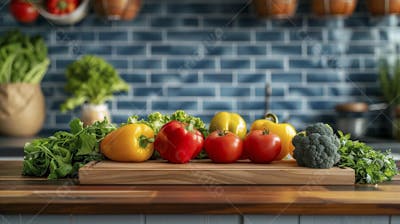 Tomates frescos e ervas sobre mesa rústica em cozinha moderna