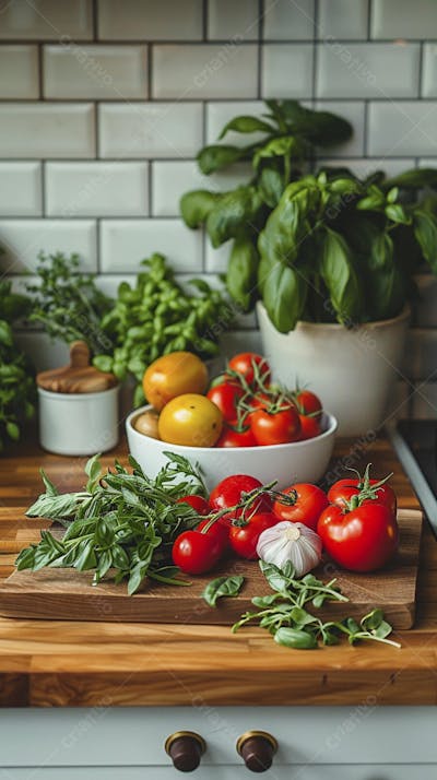 Tomates frescos e ervas sobre mesa rústica em cozinha moderna