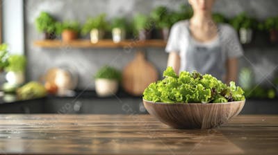Tomates frescos e ervas sobre mesa rústica em cozinha moderna