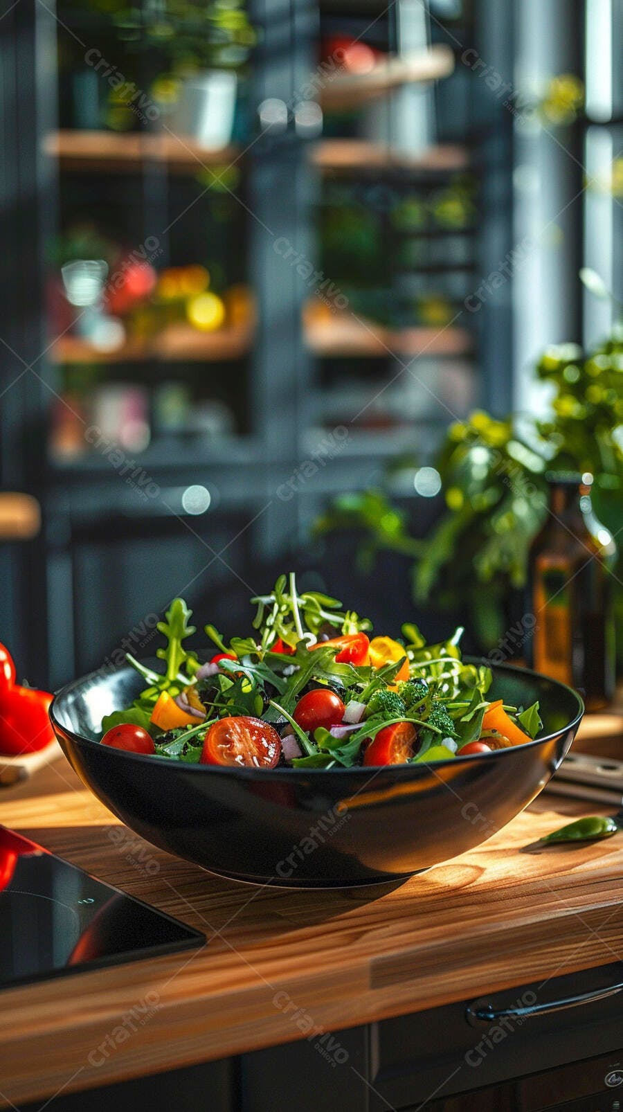 Salada fresca em tigela preta cozinha
