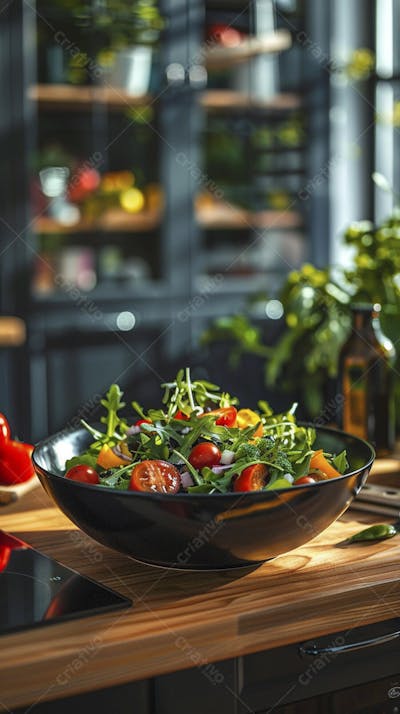 Tomates frescos e ervas sobre mesa rústica em cozinha moderna