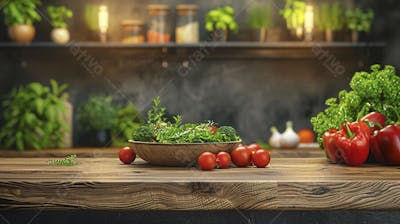 Tomates frescos e ervas sobre mesa rústica em cozinha moderna
