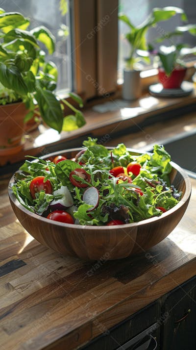 Tomates frescos e ervas sobre mesa rústica em cozinha moderna